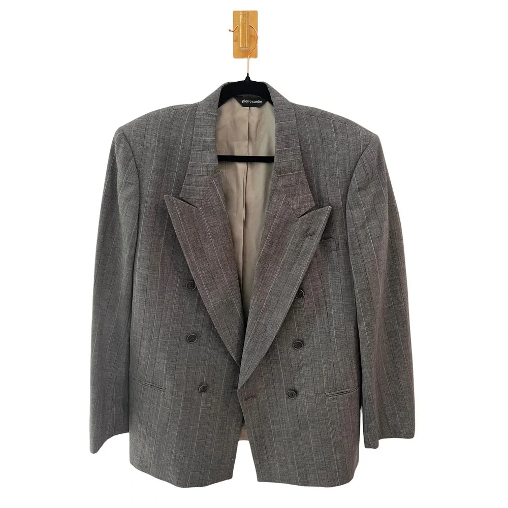 Vintage Pierre Cardin Blazer 100% Wool Pinstripe Double Breasted Gray Men's 40R
